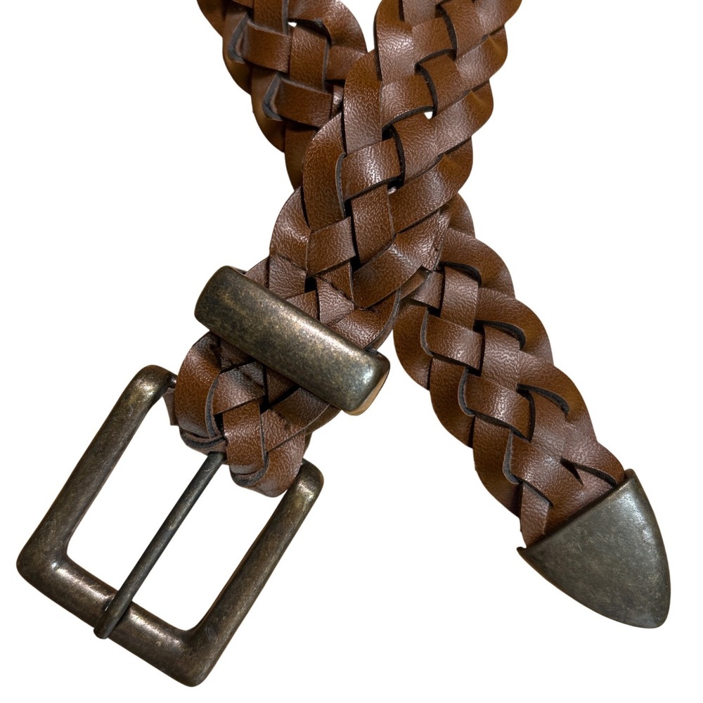Western Braided Woven Brown Leather Belt Antiqued Brass Buckle Up to Size 31"